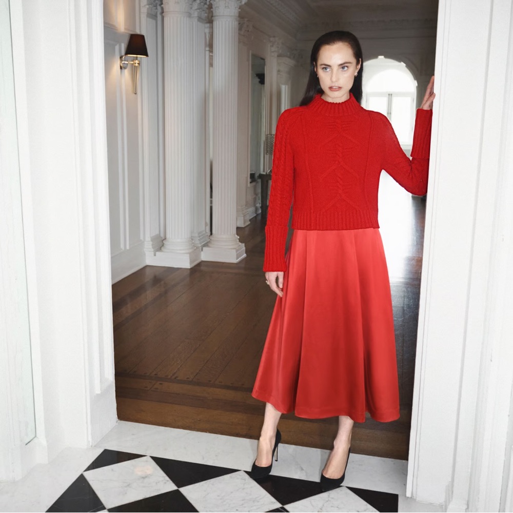 Red Cable Knit Crew Neck Sweater - Picture 2 of 7